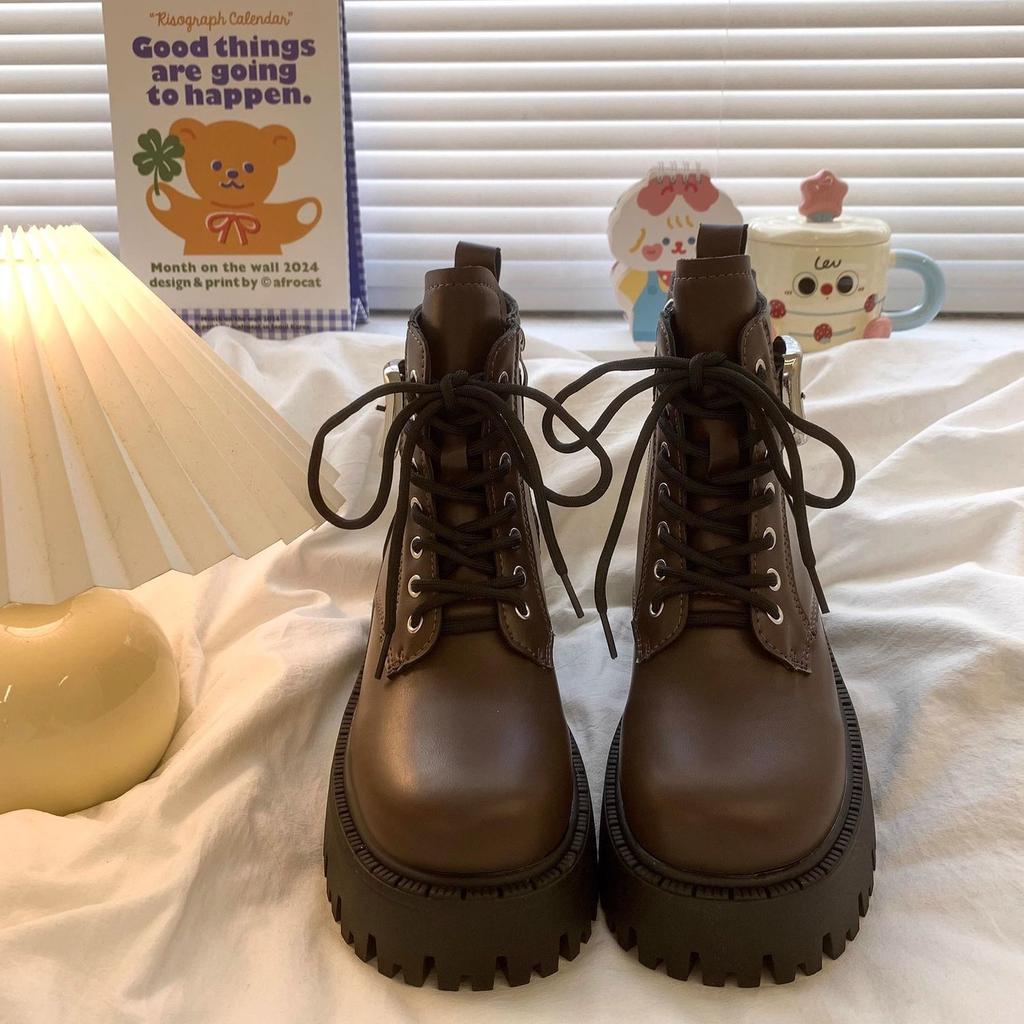 Fashion Leather Woman Short Shoes With Laces Chunky Heel Height Increasing Booties High Quality Hot Sale Y2k Goth Ankle Boots for Women