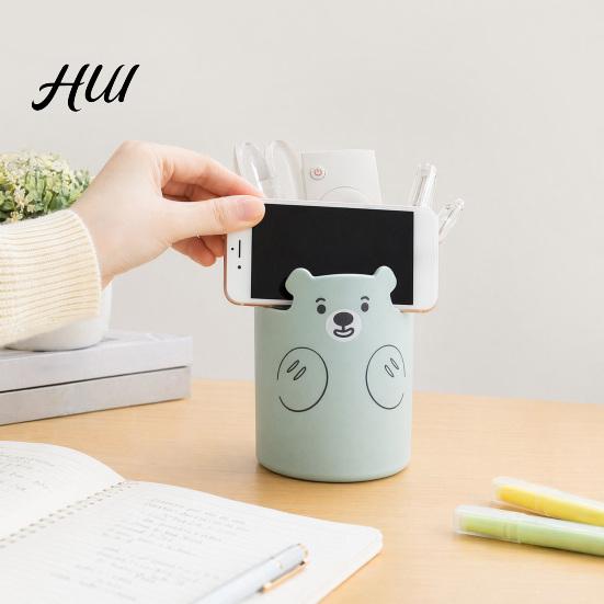 Study Table Pen Holder Cute Bear 2-in-1 & Phone Stand, Macaron Colors Desk Organizer, Large Organizer Capacity Storage for Pens Makeup Brushes