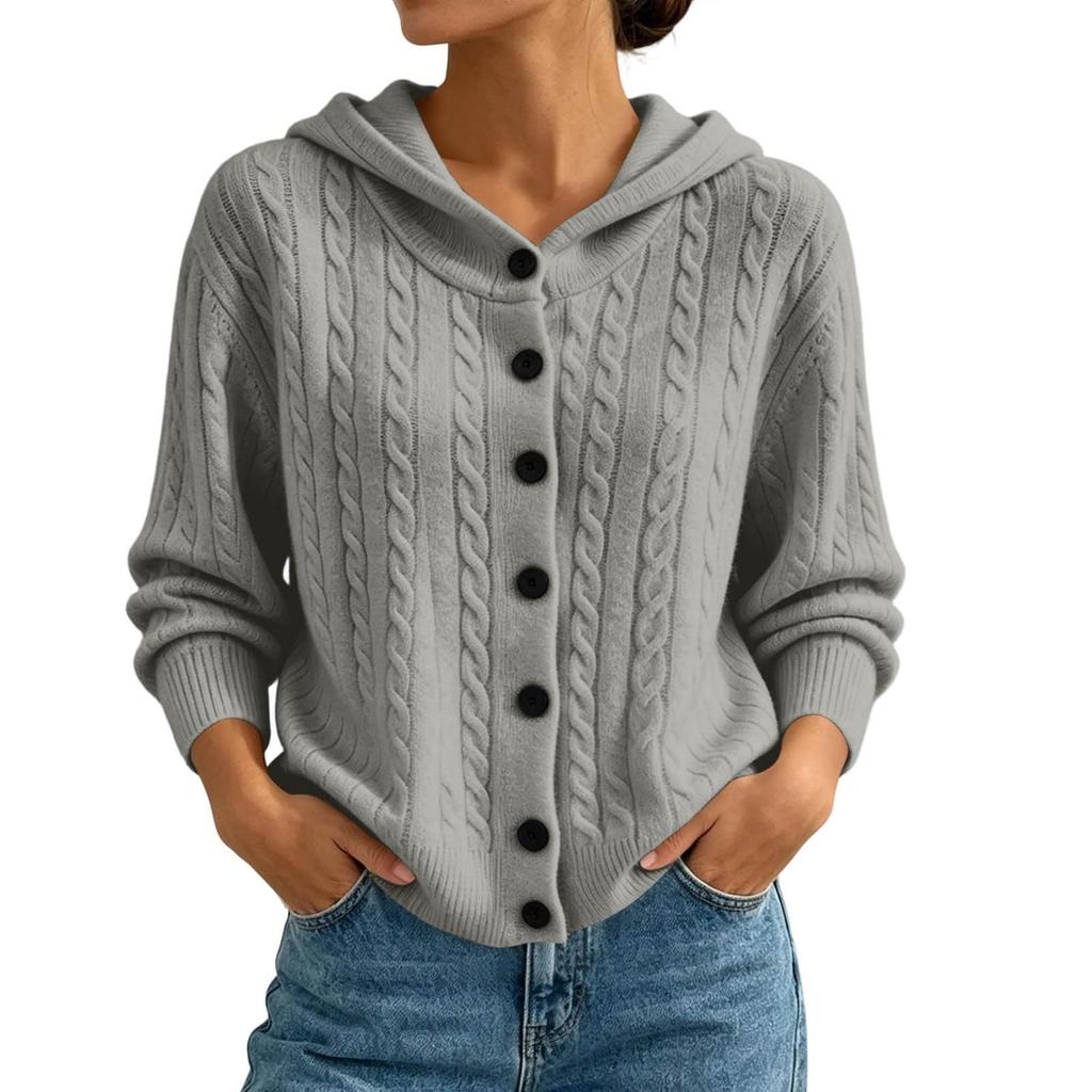 Cardigan da donna con cappuccio in maglia a trecce colorato con chiusura a bottoni per autunno inverno