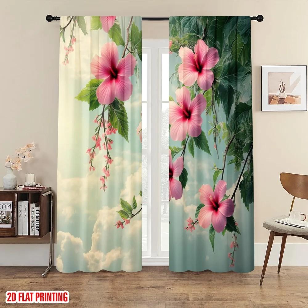 

JIT 2pcs Vivid Hibiscus Floral Curtains Room Darkening Polyester Rod Pocket Curtain for Home Decor Holiday Window 100*130 Grommet Top 1pcs