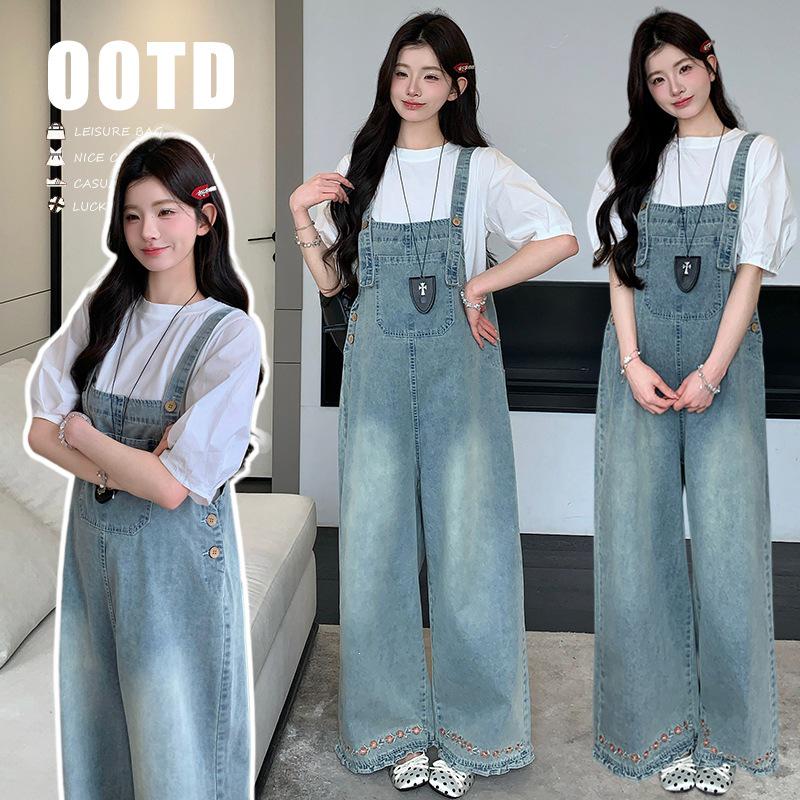 Summer Embroidered Ruffle Overalls & Patchwork T-shirt Set M