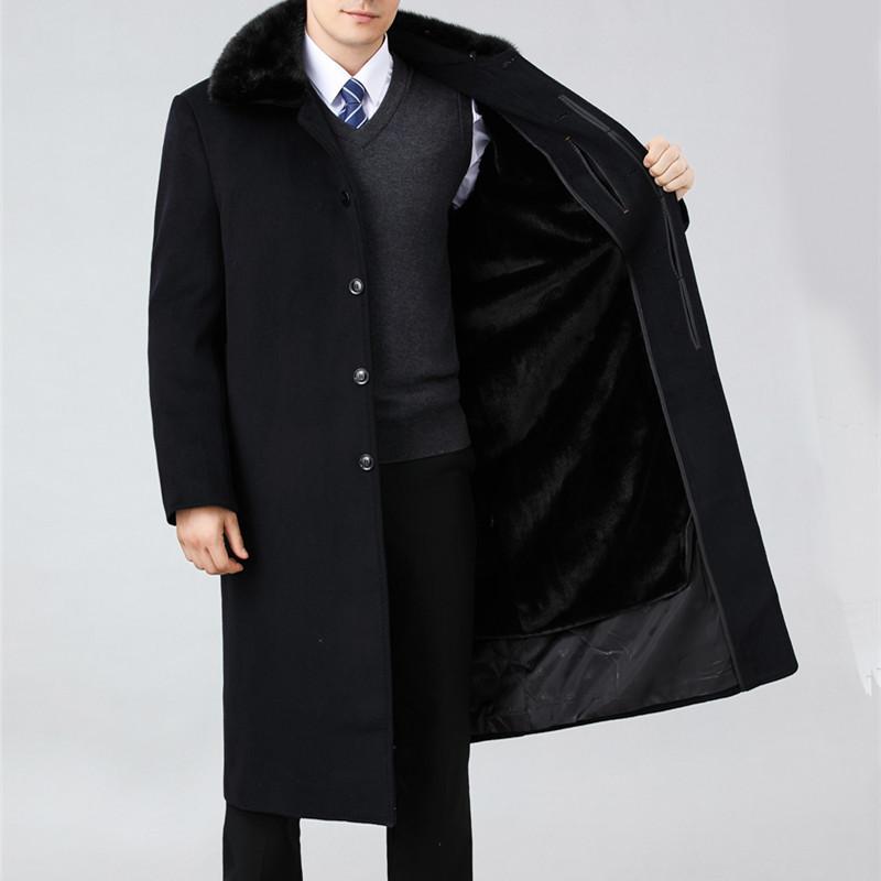 Winter Thick Fox Fur Collar Middle-aged and Elderly Woolen Woolen Coat Men's Cashmere Extended Style Detachable Liner Over the Knee Coat