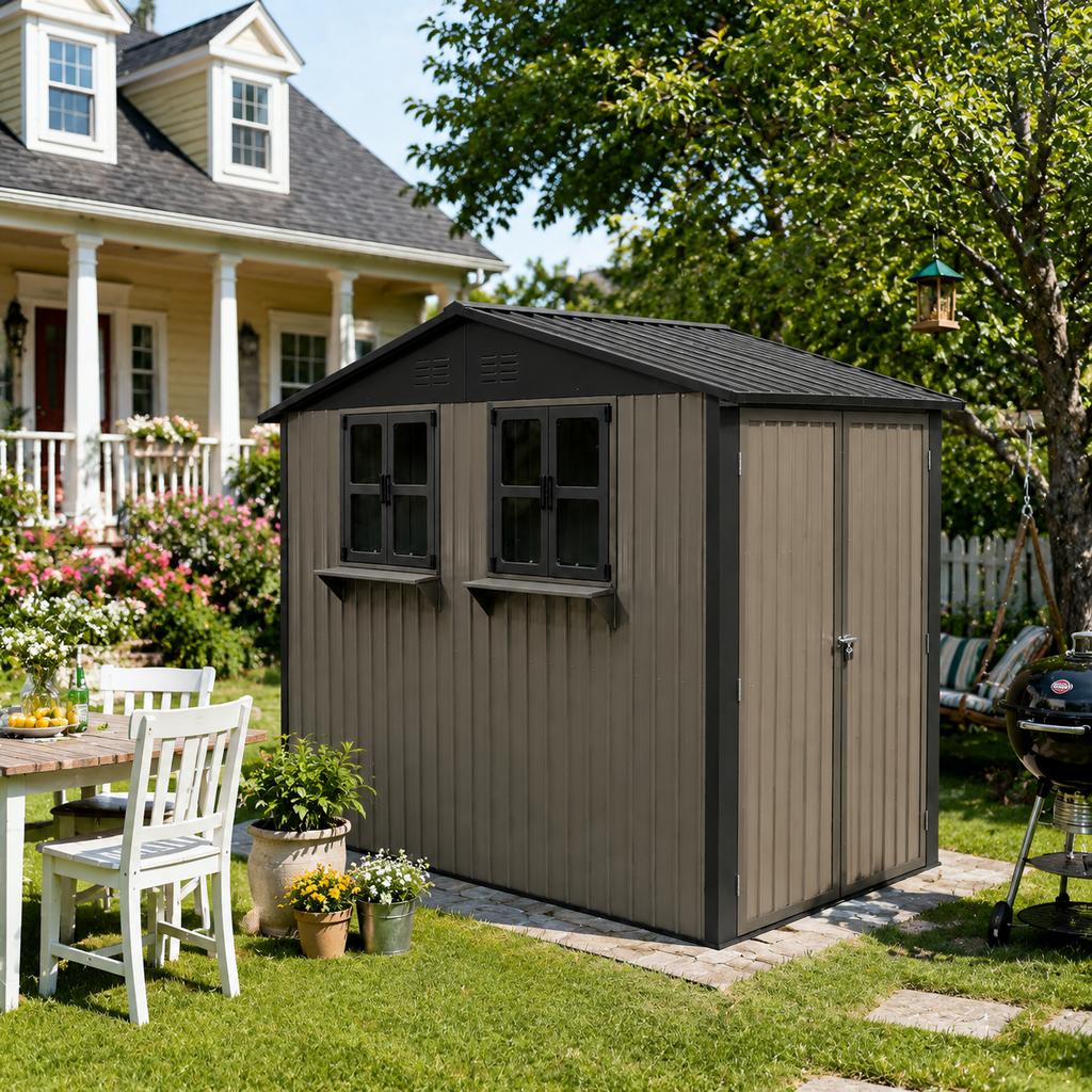Galvanized Steel Garden House 254.2x170.2cm (4.33 m²), Brown, with Two Openable Double Windows, Lockable Double Doors and Decorative Flower Rack