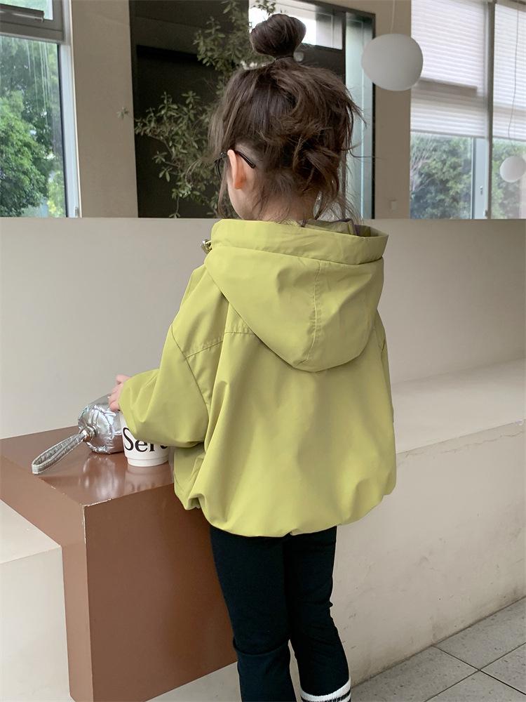 Autumn 2025 Korean Style Girls' Hooded Windbreaker Coat with Double Zipper
