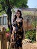 Large Size French Ruffle Leaf Edge Floral Suspender Dress Women's Summer Fat Mm Waist and Thin Split Fork Holiday Long Skirt