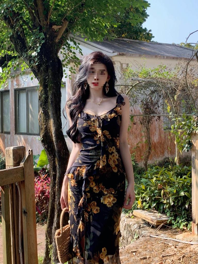 Large Size French Ruffle Leaf Edge Floral Suspender Dress Women's Summer Fat Mm Waist and Thin Split Fork Holiday Long Skirt