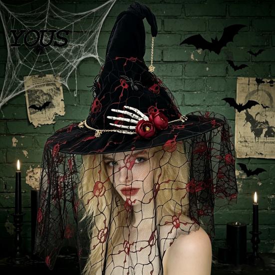 Decorative Seasonal Accessories Punk Skeleton Hand Witch Hat with Spider And Veil, Black Large Reusable Holiday Ornaments Wizard Costume Accessory for