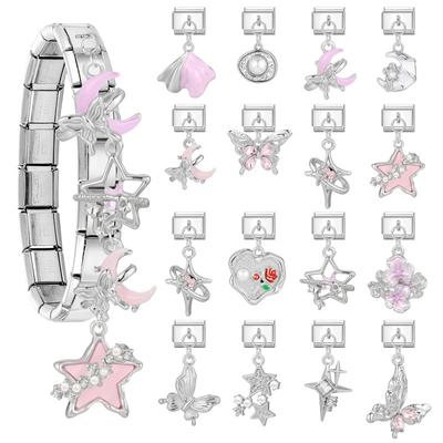 Pink Butterfly Romantic Flowers Heart Star Moon Pendant Italian Charm Links Fit 9mm Bracelet Stainless Steel DIY Making Jewelry