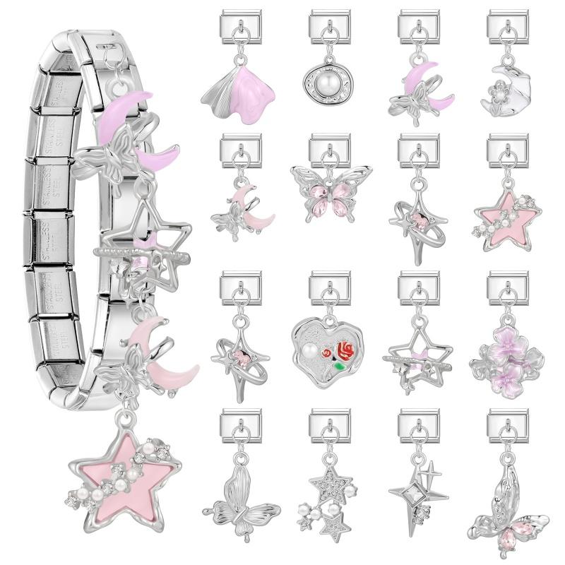 Pink Butterfly Romantic Flowers Heart Star Moon Pendant Italian Charm Links Fit 9mm Bracelet Stainless Steel DIY Making Jewelry