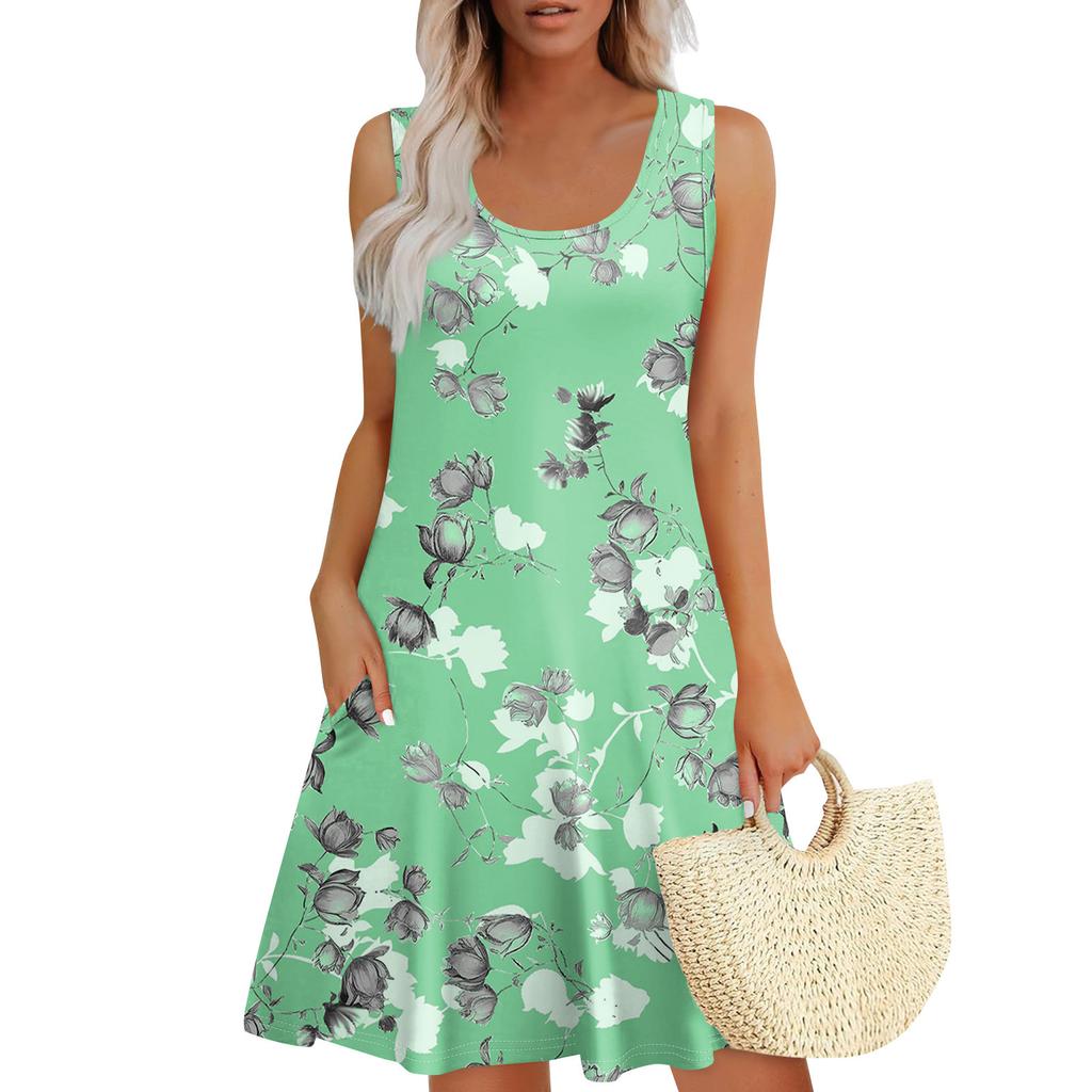 Women's Summer Casual U-shaped Tie Pocket Popular Floral Print Dress