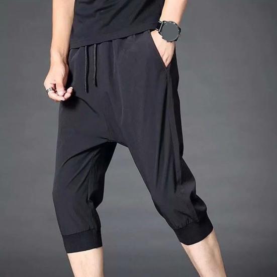 Men Sweatpants Solid Color Soft Fabric Drawstring Ankle-banded Stretchy Waist Cropped Trousers Daily Clothes