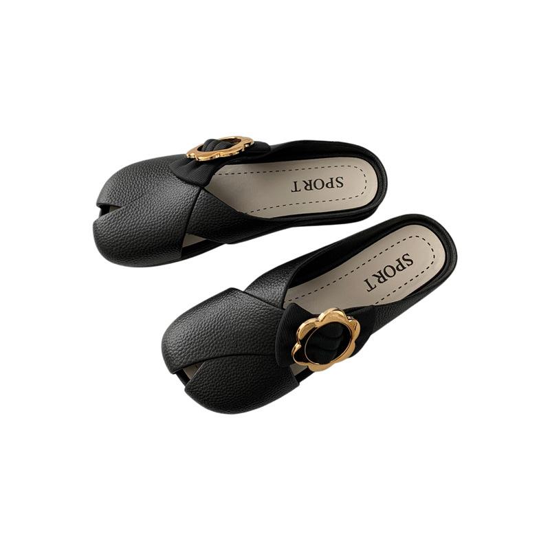 Fashion Women Mules 2025 Summer Elegant Square Closed Toe Flat Slippers Female Shoes Casual Leather Black White Slides Plus Size