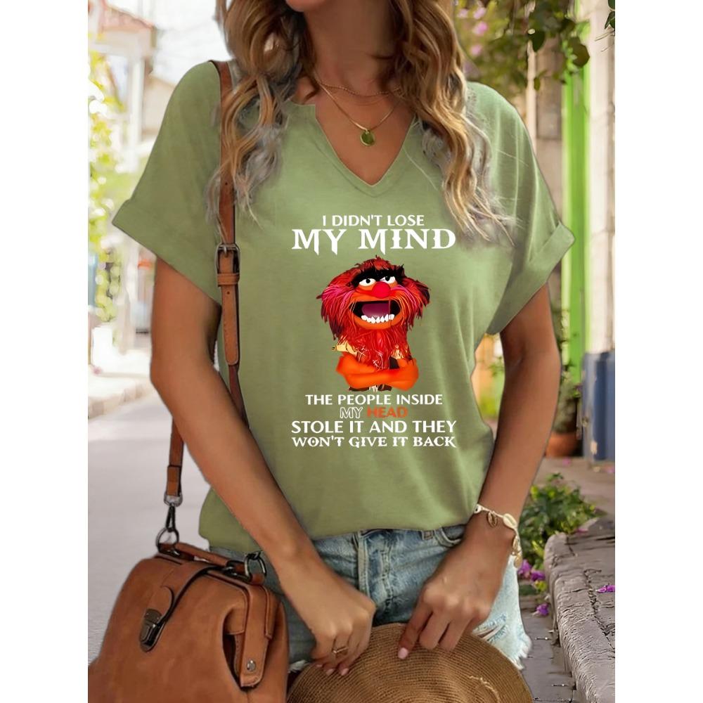 Women's V-Neck "I Didn't Lose My Mind" Graphic Tee, Funny Cartoon Print T-Shirt, Casual Short Sleeve Humor Top