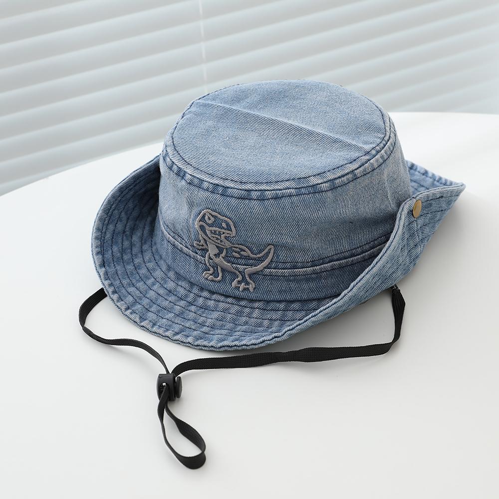 

Fashionable and simple embroidered little dinosaur children s denim boater hat with adjustable brim for outdoor hiking climbing One Size