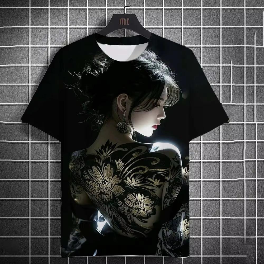 Tattooed girl pattern t-shirt cartoon 3d print oversized sports shirt top