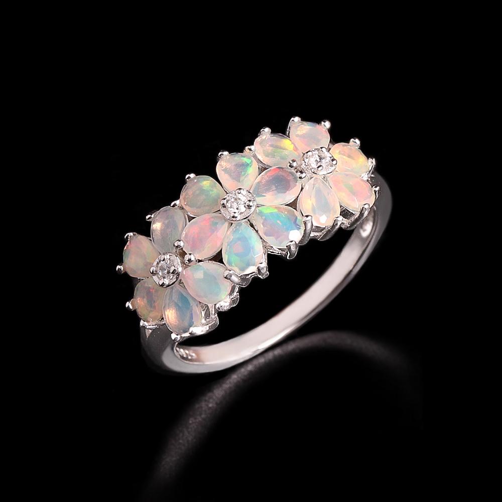 

Женские кольца из стерлингового серебра 925 пробы с цветочным дизайном, с натуральными разноцветными опалами грушевидной формы 3*4 мм, изысканные ювелирные изделия для подарков на день рождения US RING SIZE:10# белый