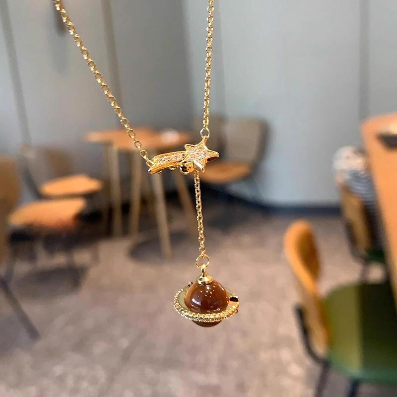 Tiger's Eye Stone Planet Pendant Necklace Simple Daily Commuter Versatile Clavicle Chain Light Luxury Niche Necklace