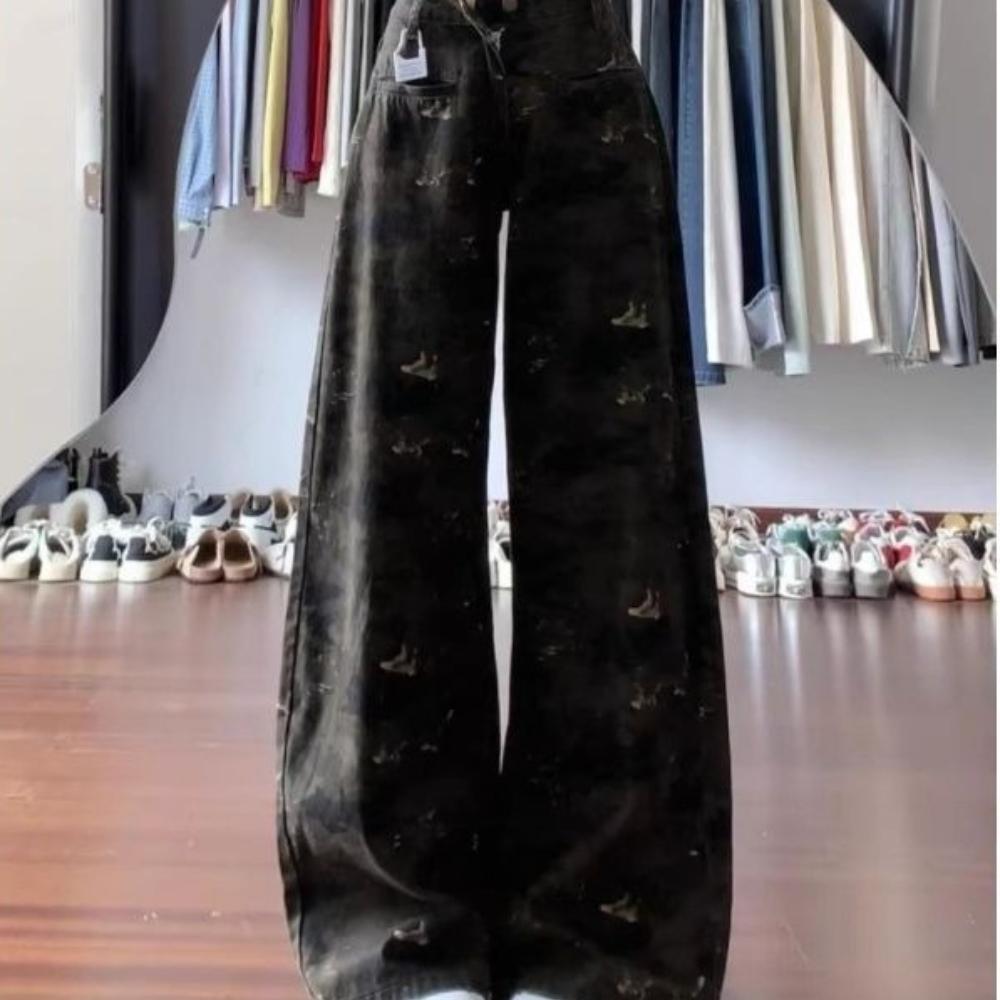 Women s High Waist Camouflage Print Wide Leg Jeans Vintage Washed Loose Denim Trousers S