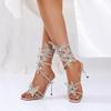 Fashion Sexy Snake New Wrapped Rhinestone Peep-Toe Sandals Square Toe Peep-Toe Butterfly Stiletto Anti-Slip Wear-Resistant High Heels