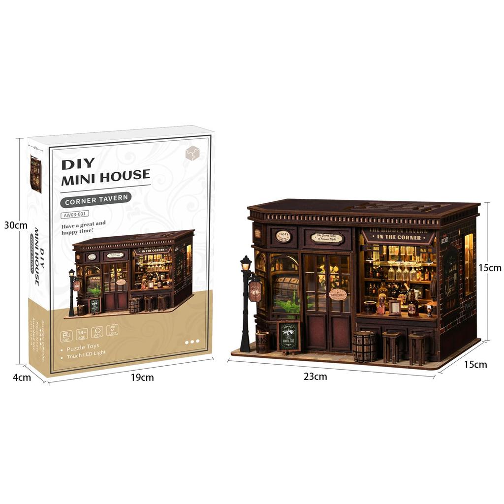 QmXCyzl DIY Dollhouse Miniature Kit for Beginners, Furniture, Room Decoration, 3D Hobby, Architectural Model, Dust Cover Not Included (Corner Tavern)