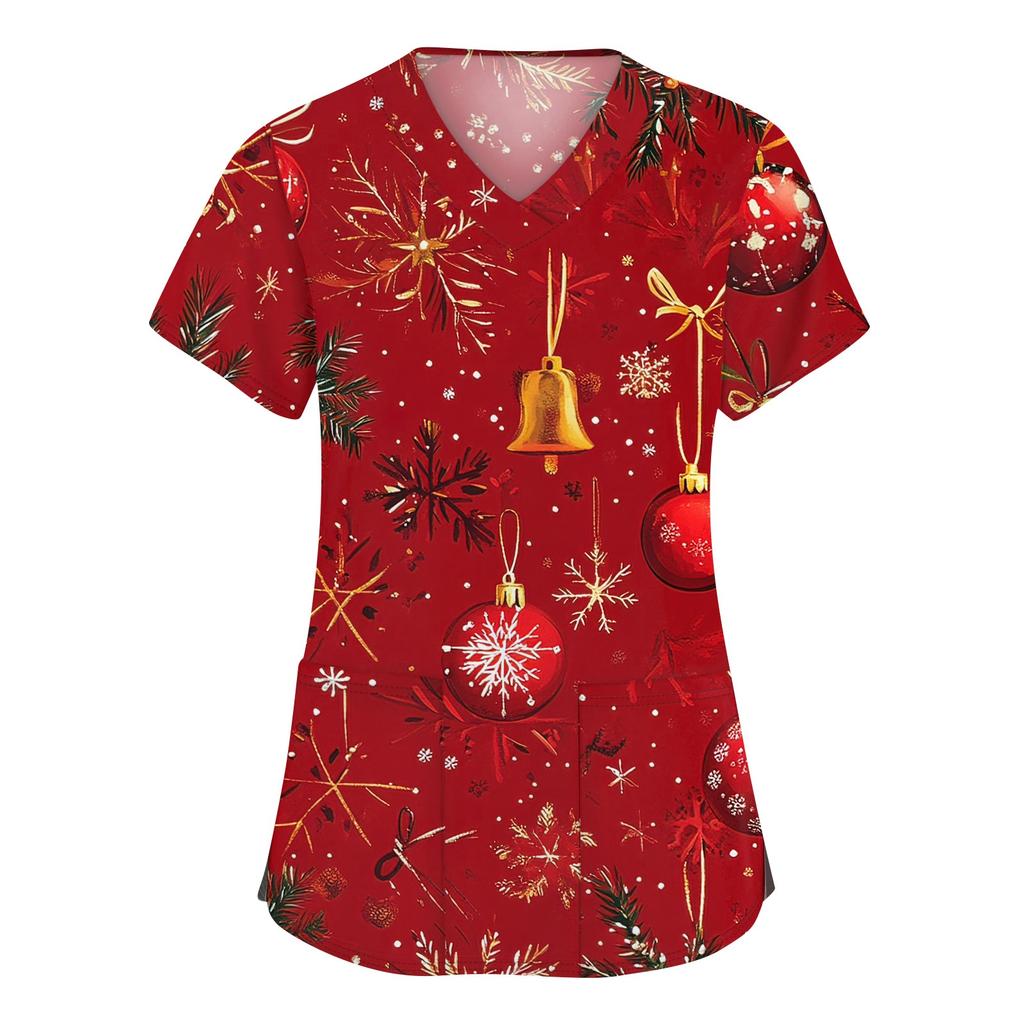 Women's Fashion V-neck Short Sleeve Workwear With Pockets Christmas Printed Tops