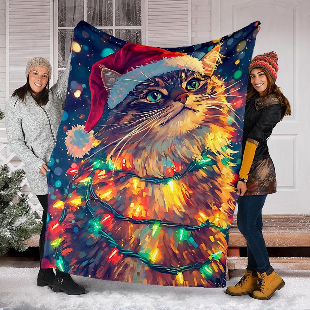 1pc Christmas Cat Outdoor Soft Polyester Flannel Throw Blanket Versatile for All Seasons , Soft , Cozy , Warm All Season Quilted Throw ,