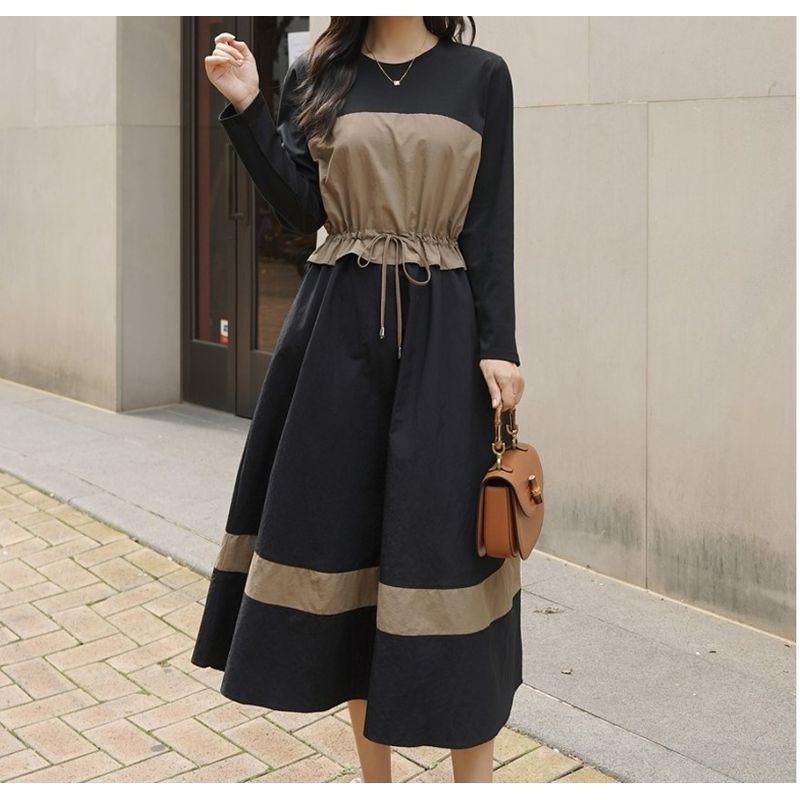 

plus Size Chubby Girl Spring and Autumn round Neck Color Matching Shoelace Tight Waist Fake Two-Piece Long Sleeve Mid Length Long Length Dress Dress Black 4XL