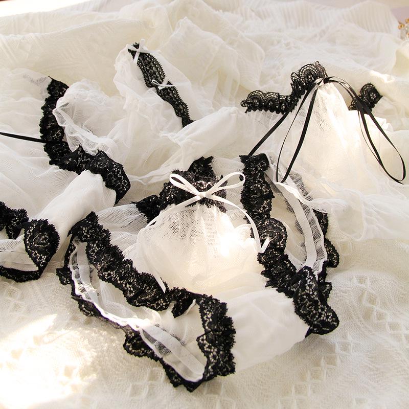 Women's Mid-Waist Lace Mesh Panties with Black Edge and Bow