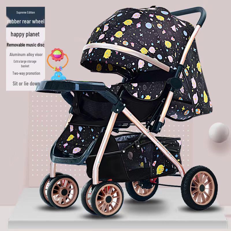 Reversible Foldable Baby Stroller with Shock-Absorbing Wheels and Large Sleep Basket