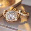 Crystal Female White Zircon Squarel Stone Ring Set Fashion Vintage Gold Color Bridal Wedding Engagement  For Women