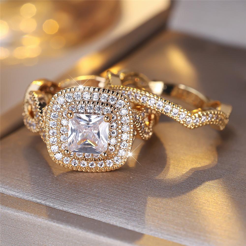 Crystal Female White Zircon Squarel Stone Ring Set Fashion Vintage Gold Color Bridal Wedding Engagement  For Women