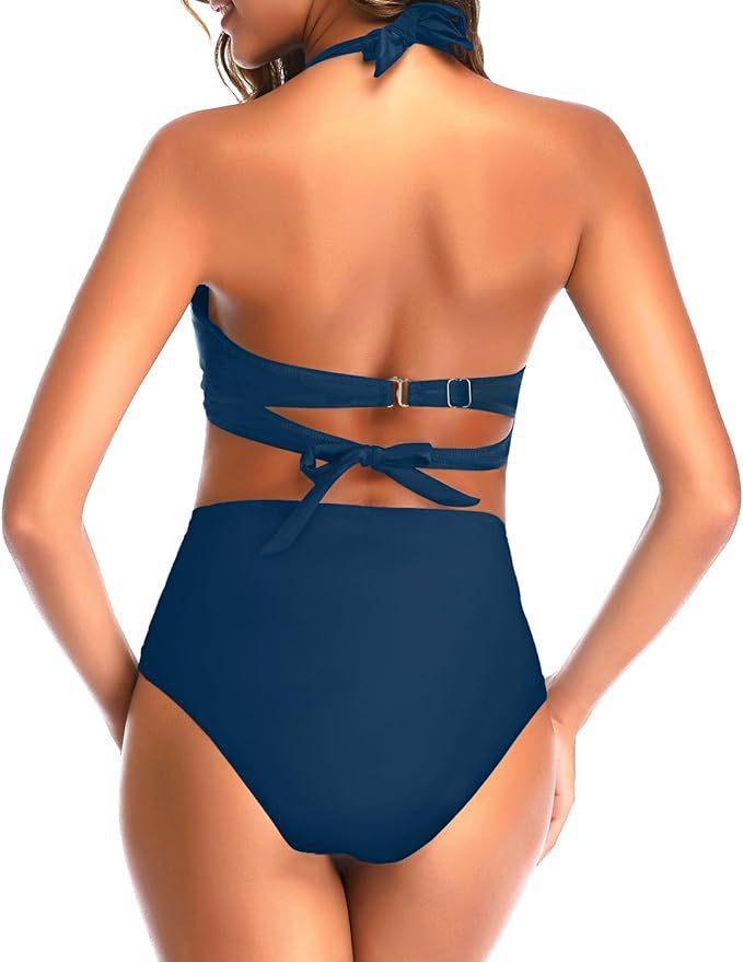 High-Waisted Halter Print Tie-Up Tankini Slimming Bikini
