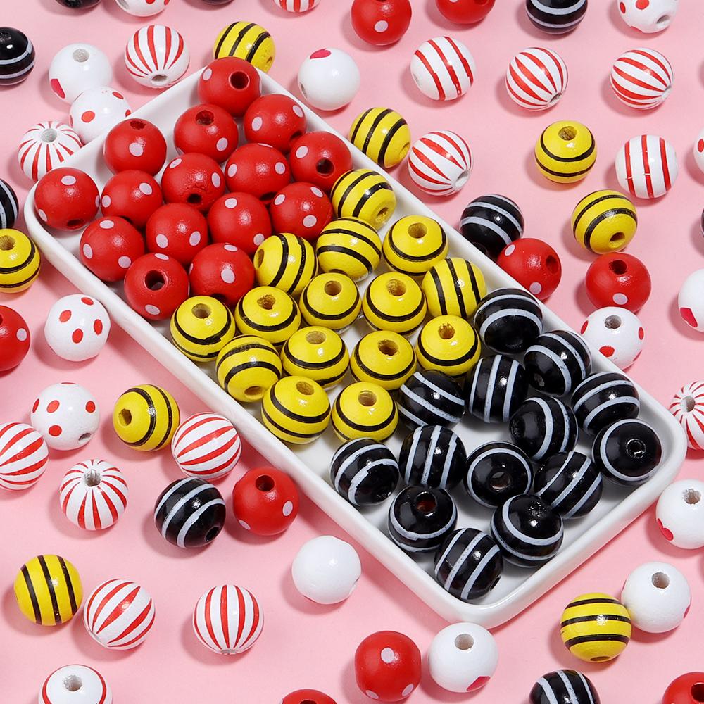 20Pcs 16mm Natural Wood Beads Colorful Stripe Heart Printing Large Hole Round Beads DIY Craft Bracelet Kid's Toy Accessories