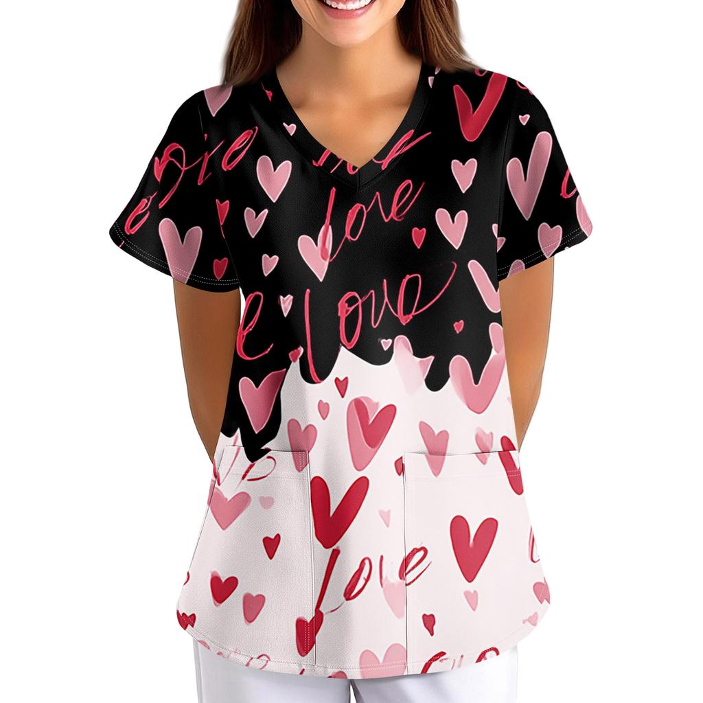 ÜbergrößeBedruckte Kasack Arbeitsuniform Oberteile für Damen V-Ausschnitt mit Überkreuzung Print Kurzarm Lustige T-Shirts Arbeitskleidung T-Shirt mit Taschen