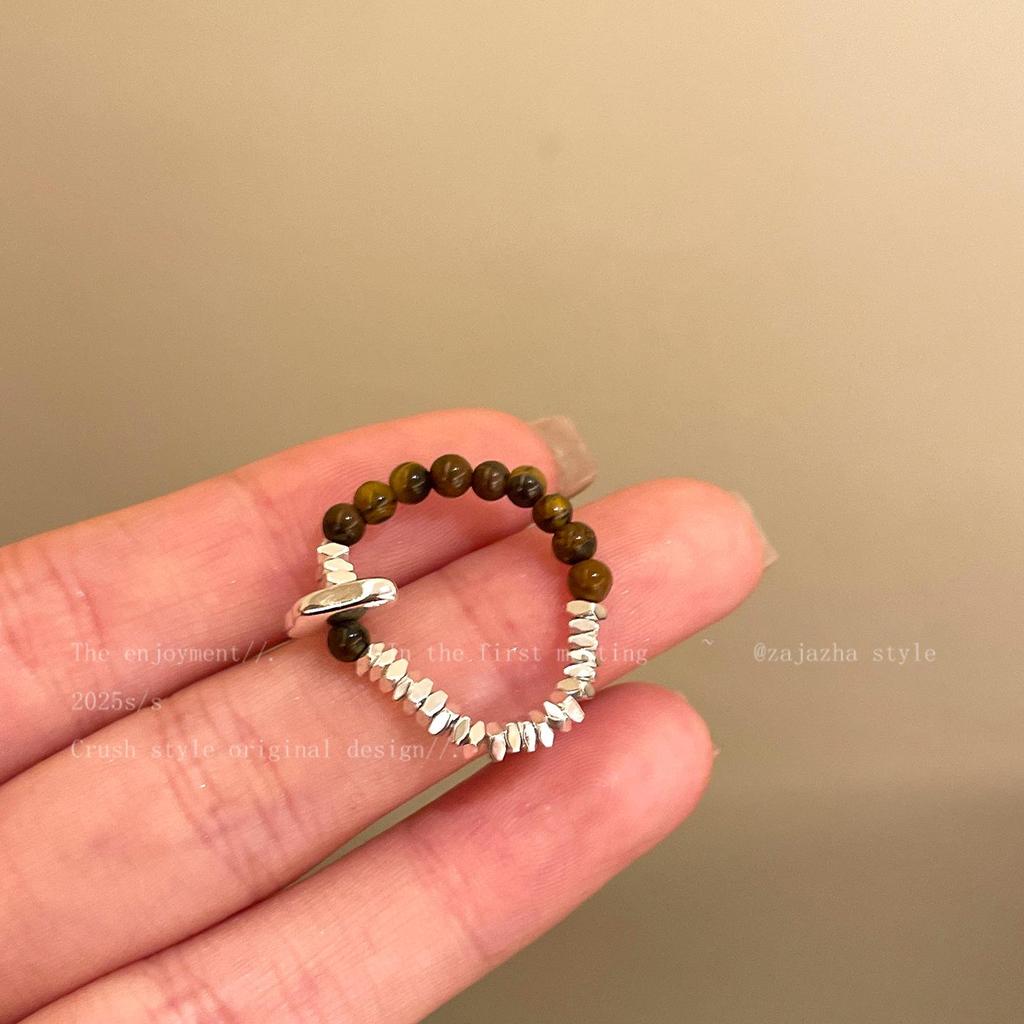 Retro Malachitowe Oko Tygrysa Posrebrzany Pierścionek Stackable dla Kobiet - Modny Dodatek na Palec Wskazujący