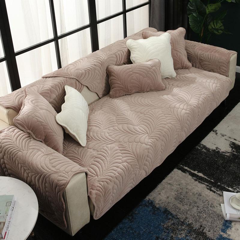 Quilted Leaves Thickened L Shape Sofa Cover Milk Velvet 4 Seater for Living Room Soft Couch Slipcover Loveseat Chair Cover Solid