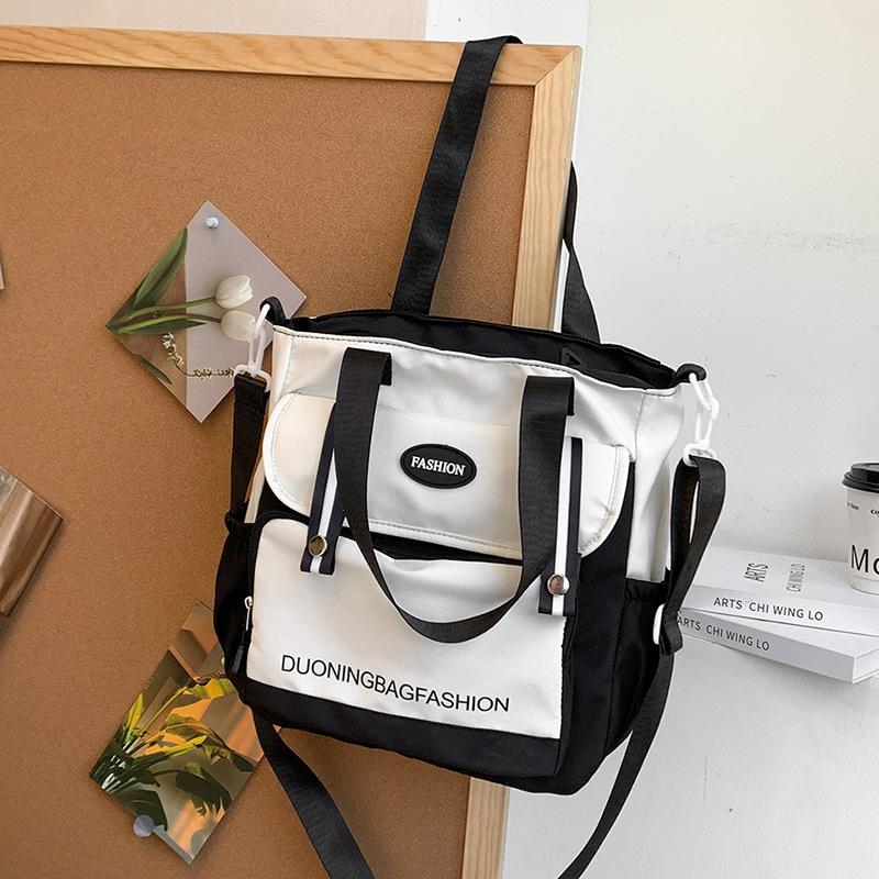 Contrast Color Student Tote Bag, Tutoring Bag, Canvas Messenger Bag, Junior High School Student Large-capacity Class Bag, Female