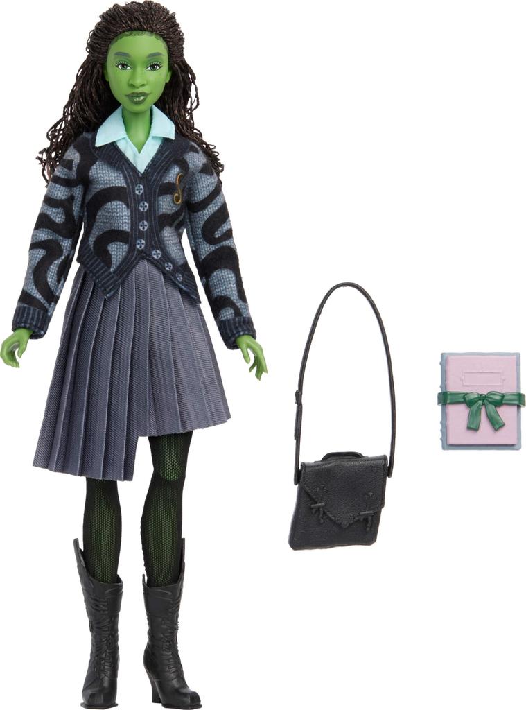 Mattel Universal Wicked Elphaba Fashion Doll Green Braided Black Removable School Uniform & Accessories Skin, Hair, Articulated,