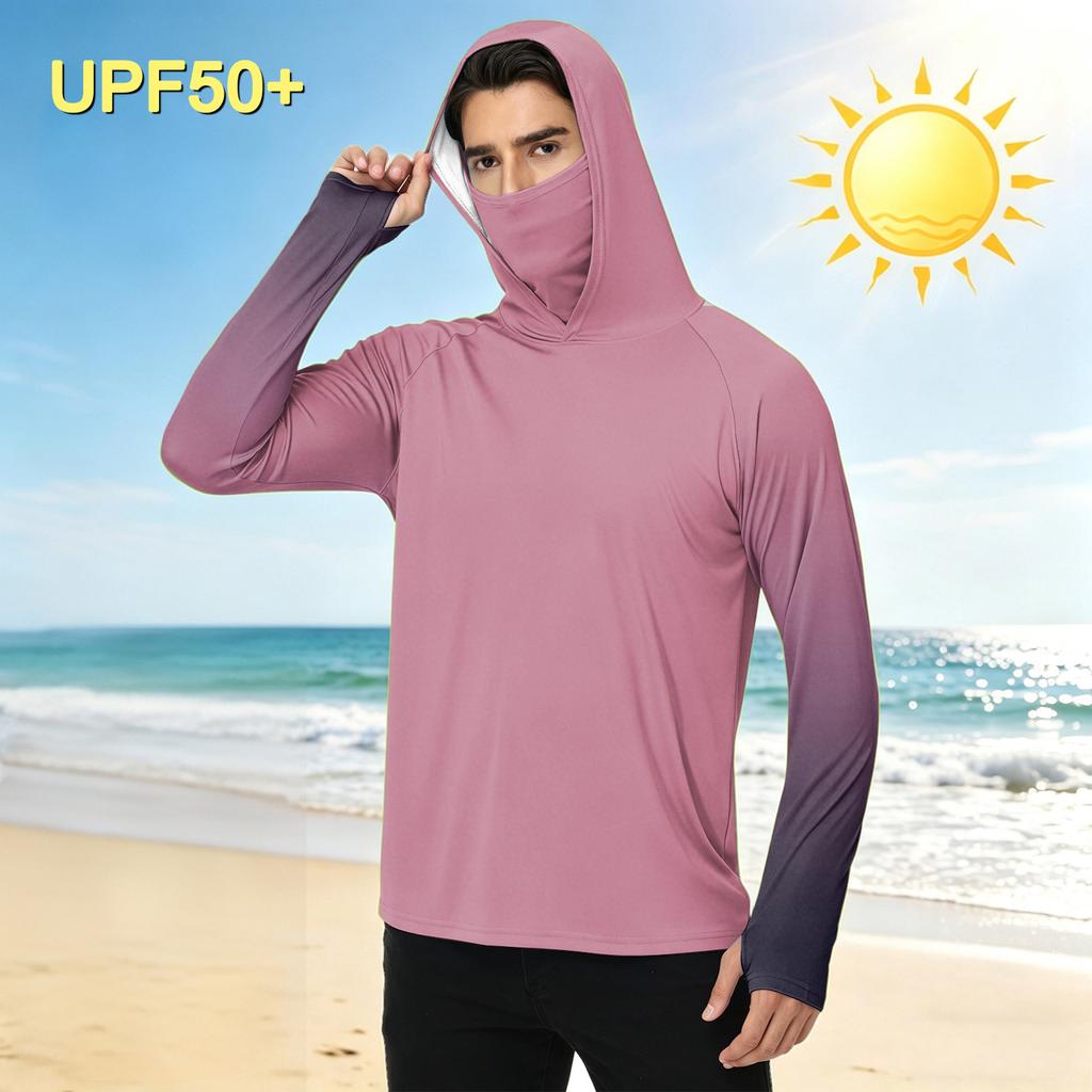 Men's Outdoor Casual Gradient Print Hooded Long Sleeve Sun Protection Shirt Lightweight Breathable Quick Dry Sports Top