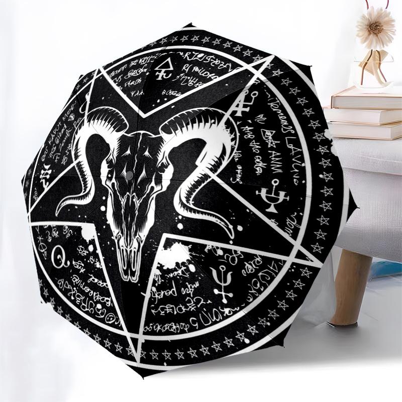 Black Baphomet Pentagram Tapestry, Occult Decor, Gothic Wall Hanging Umbrella, Cute Umbrella with Cute Design, Portable 3-Fold Compact Umbrella for Me