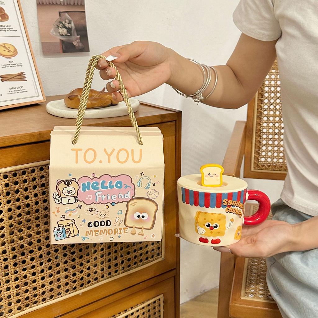 Cute Ceramic Cup Household Mug with Lid Spoon Cartoon Water Cup Female Student Dormitory Breakfast Milk Coffee Cup