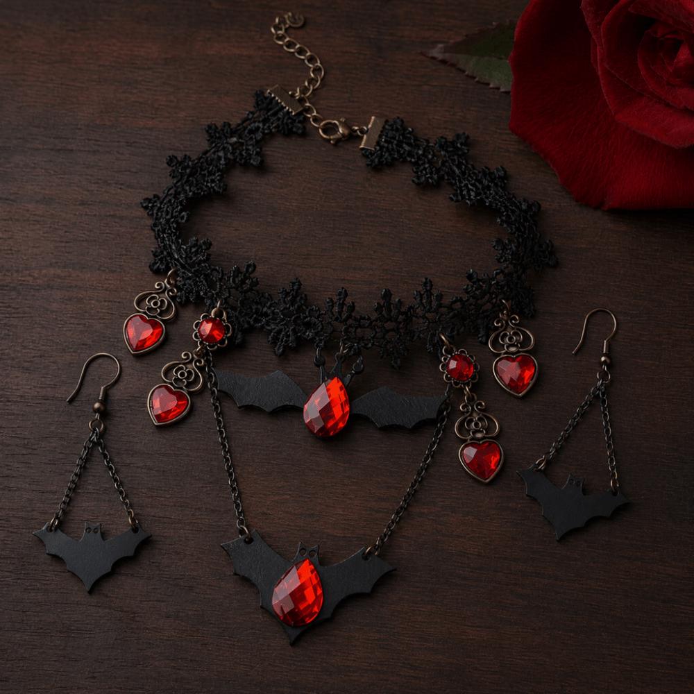 Dark Style Gothic Choker Red Rhinestone Heart Bat Earrings Halloween Necklace Holiday Gift