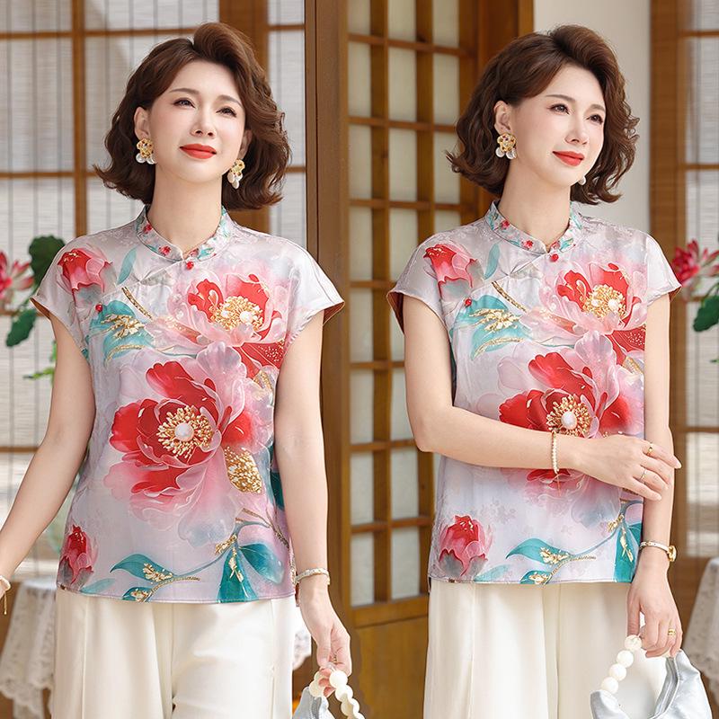 Mother s Stylish Red Floral Short-Sleeved T-Shirt - Chinese Style for Middle-Aged Women. 5XL (150-160 Jin)