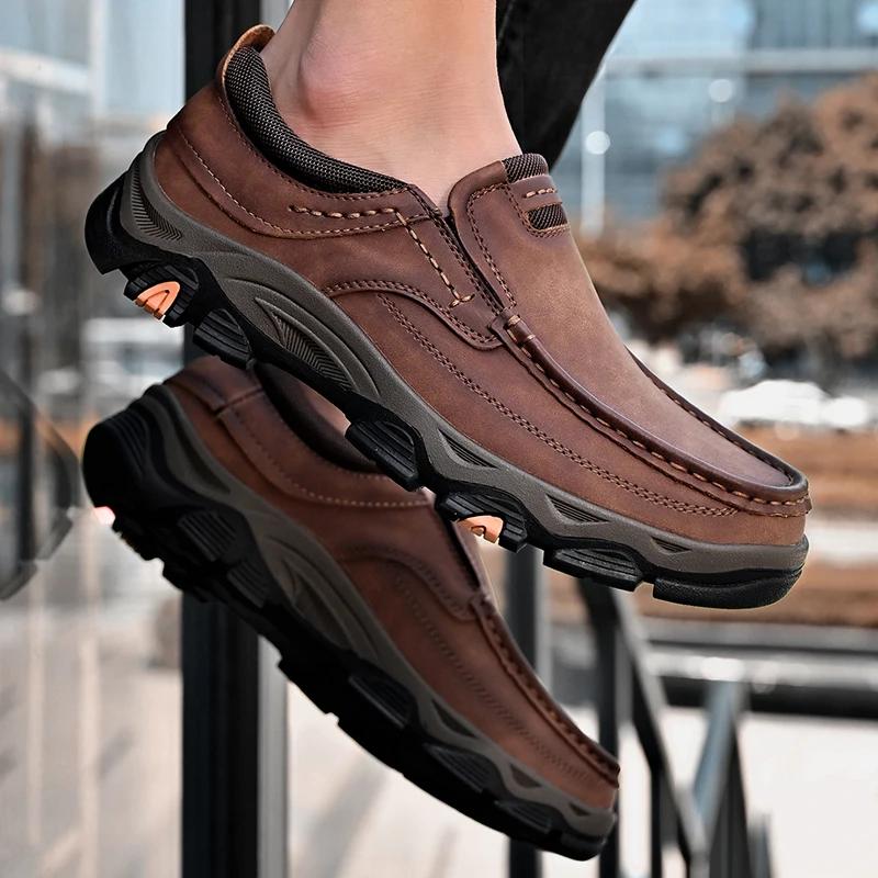 Fashion Retro Matte Genuine Leather Casual Dad Sheos Men Sneakers England New Business Luxury Loafers Big Size 39-47 Brand Men's Shoes