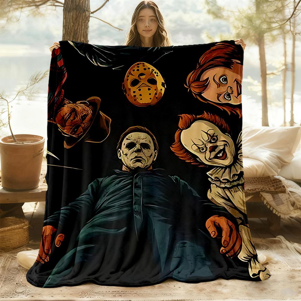 1pc Horror Icons Outdoor Blanket Lightweight Flannel, Soft & Warm, All Season Use for Sofa, Outdoor, Camping, Living Room, Office, Chair