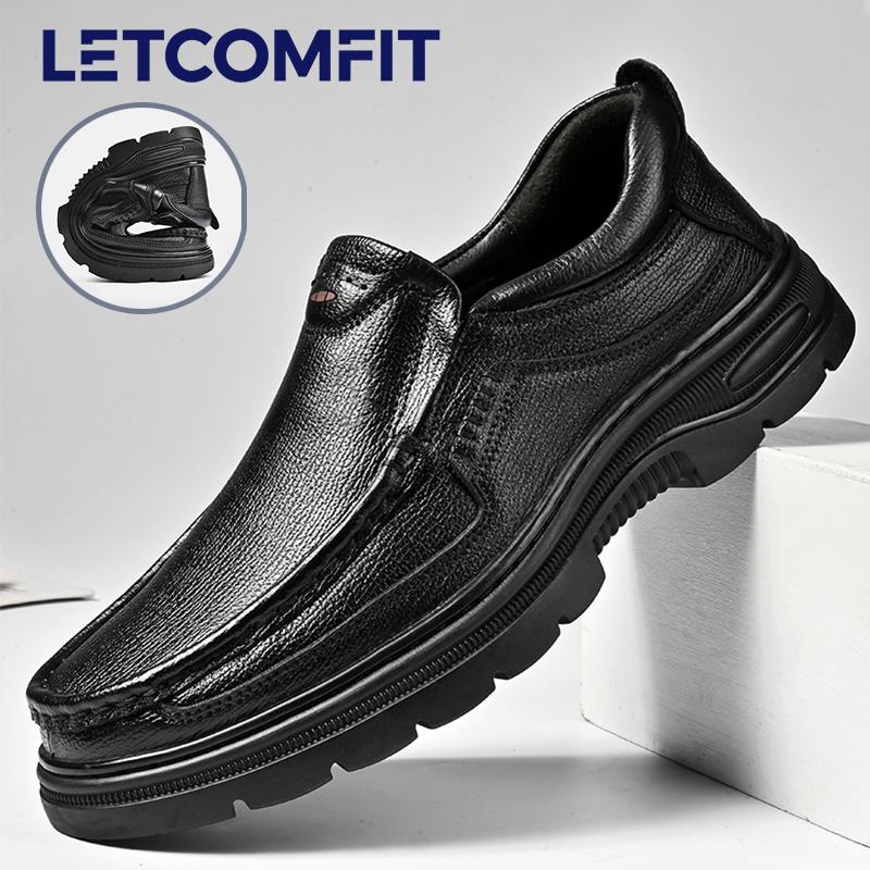 

LETCOMFIT Classic Genuine Leather Dress Shoes Handmade Mens New Business Brand Slip on Shoes Soft Male Thick Sole Work Footwear 45 чорний