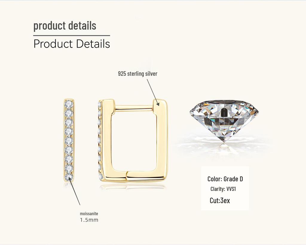 Elegant Square Moissanite Stud Earrings for Women - Trendy S925 Sterling Silver Ear Cuffs