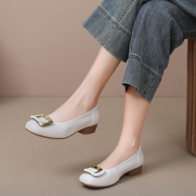 New soft-soled comfortable shallow-mouth single shoes women's shoes cowhide one-pedal single shoes square buckle flat shoes grandma shoes