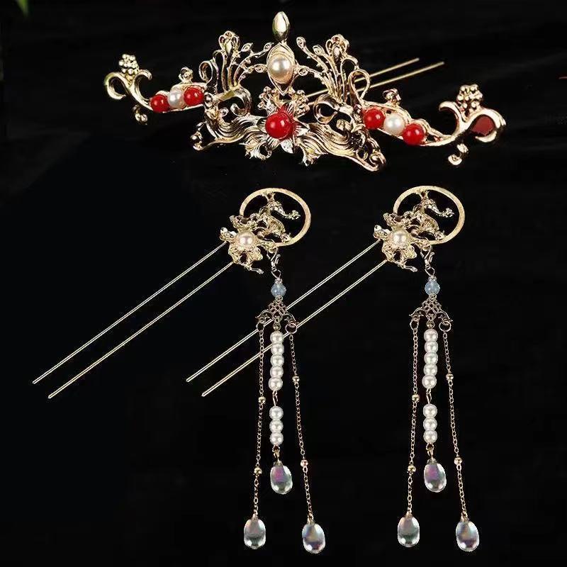 Ancient Style Hanfu Headdress Tassel Hairpin Set - Fairy-Inspired Chinese Costume Hair Accessories for Women