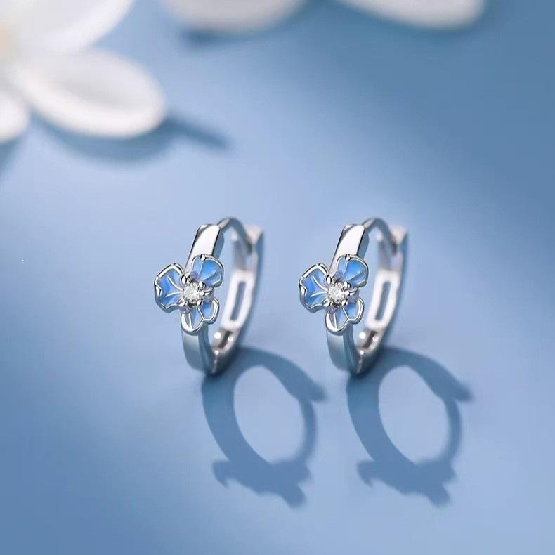 S925 Sterling Silver Blue Iris Flower Ear Hoops for Women - Unique High-End Earrings with Ear Care, No Need To Remove.